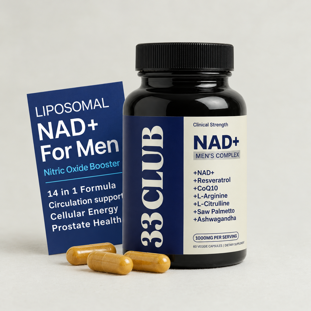 33 CLUB NAD+ Men's Complex bottle with capsules on a light background