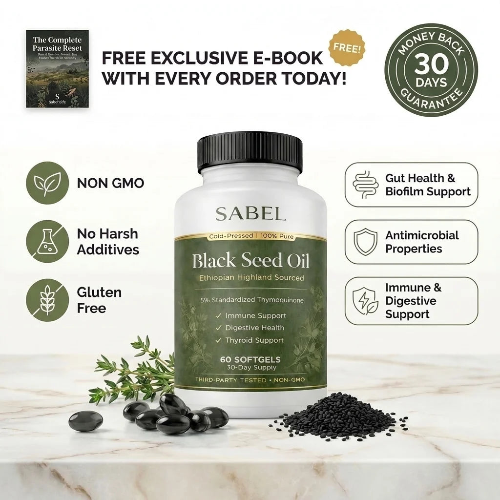 Sabel Black Seed Oil bottle with 60 softgels and promotional text